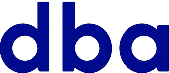 DBA logo – blå tekst på hvid baggrund